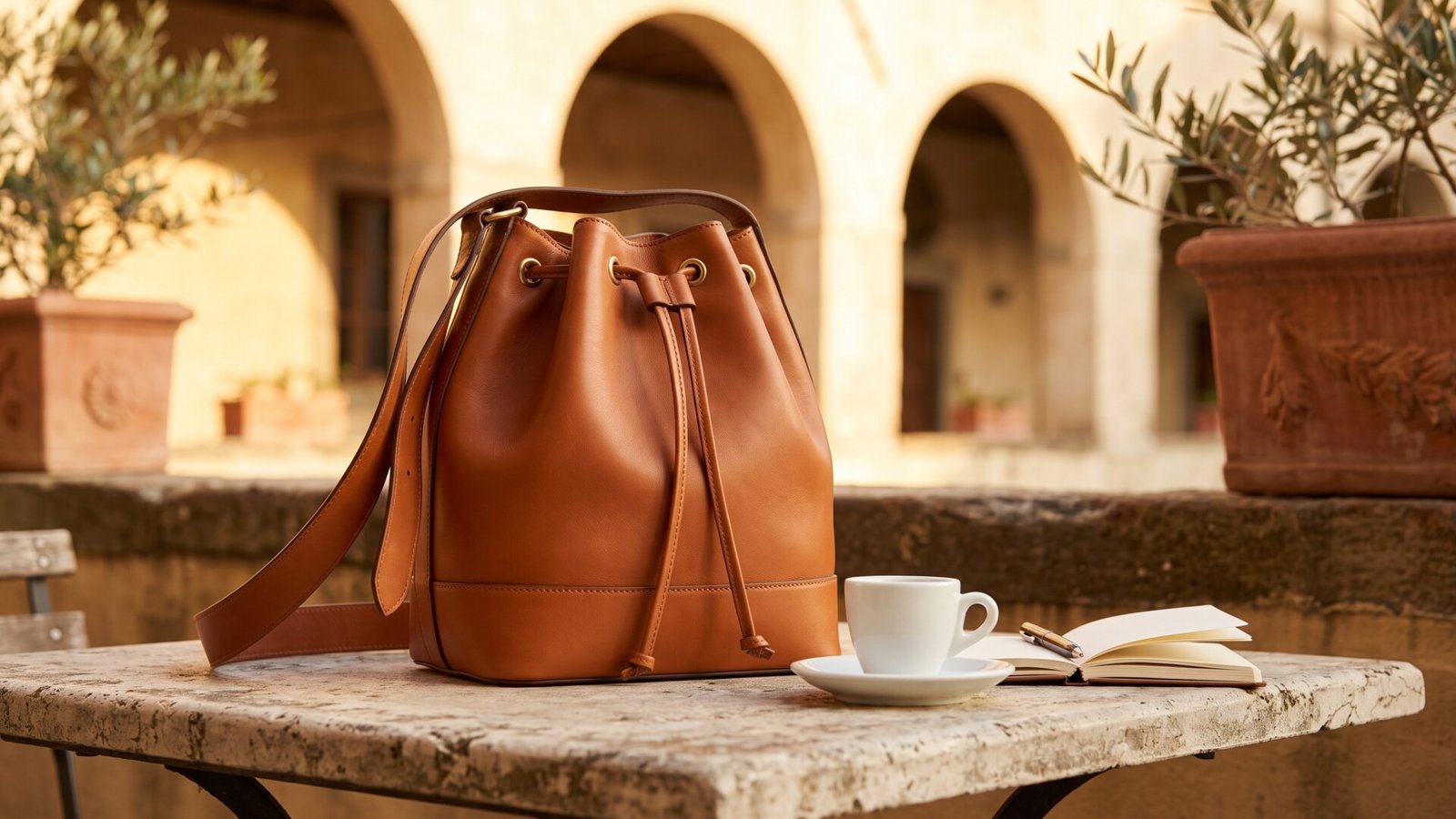 Tan Italian leather bucket bag on an outdoor stone cafe table next to an espresso cup and open notebook