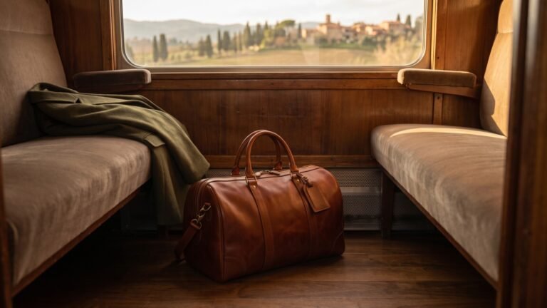 Brown Italian leather carry-on bag resting on the floor of a classic train compartment with countryside views