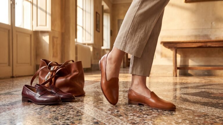 Woman wearing tan leather slip-on flats standing on a terrazzo floor next to loafers and a tote bag