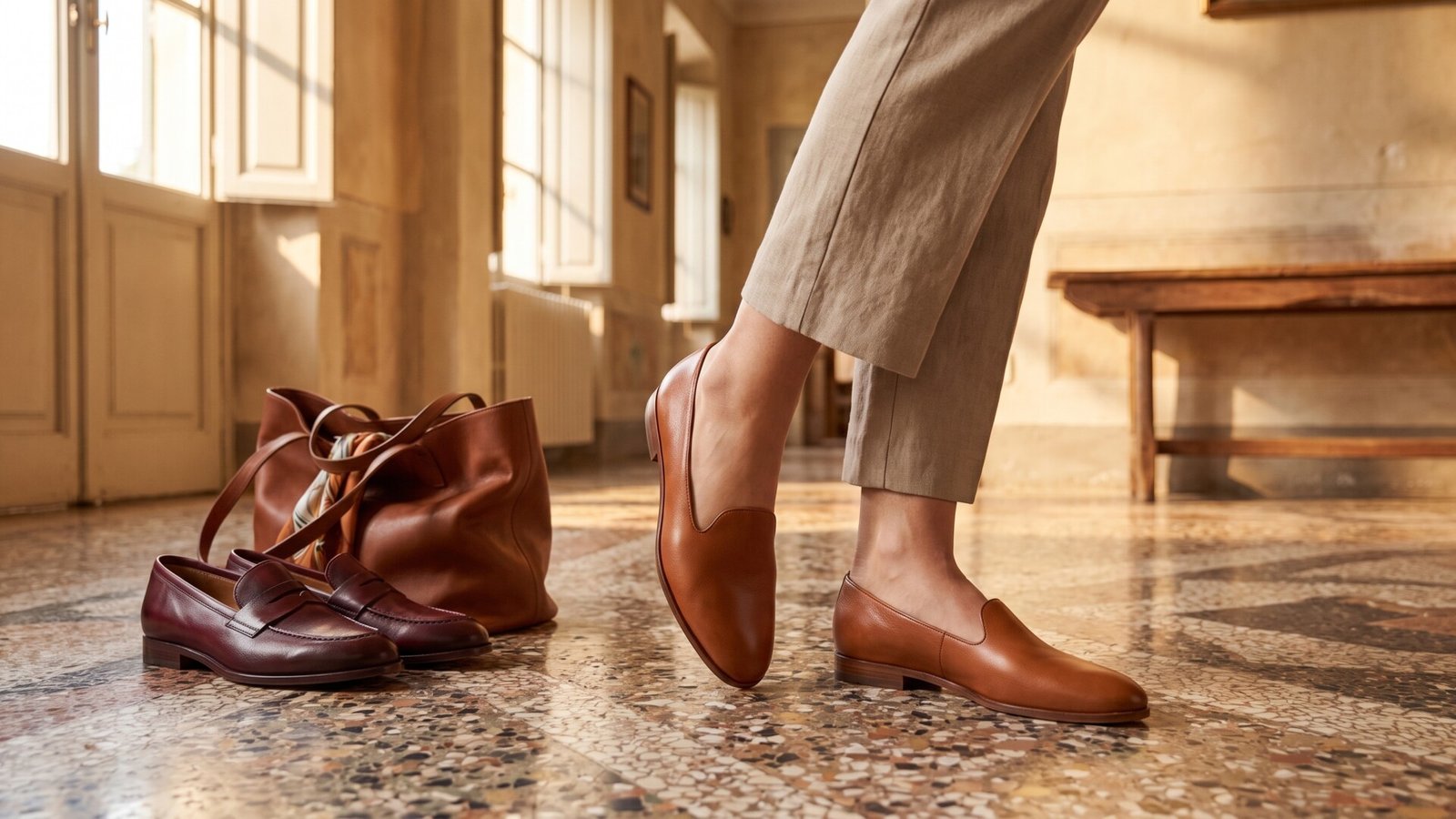 Woman wearing tan leather slip-on flats standing on a terrazzo floor next to loafers and a tote bag