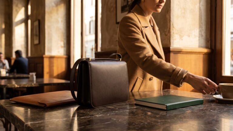 Structured brown Italian leather shoulder bag on a cafe table beside a laptop sleeve and notebook