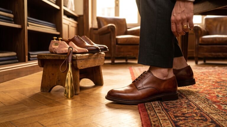 Man wearing classic brown leather Italian dress shoes in an upscale menswear boutique beside shoe trees and a shoe horn