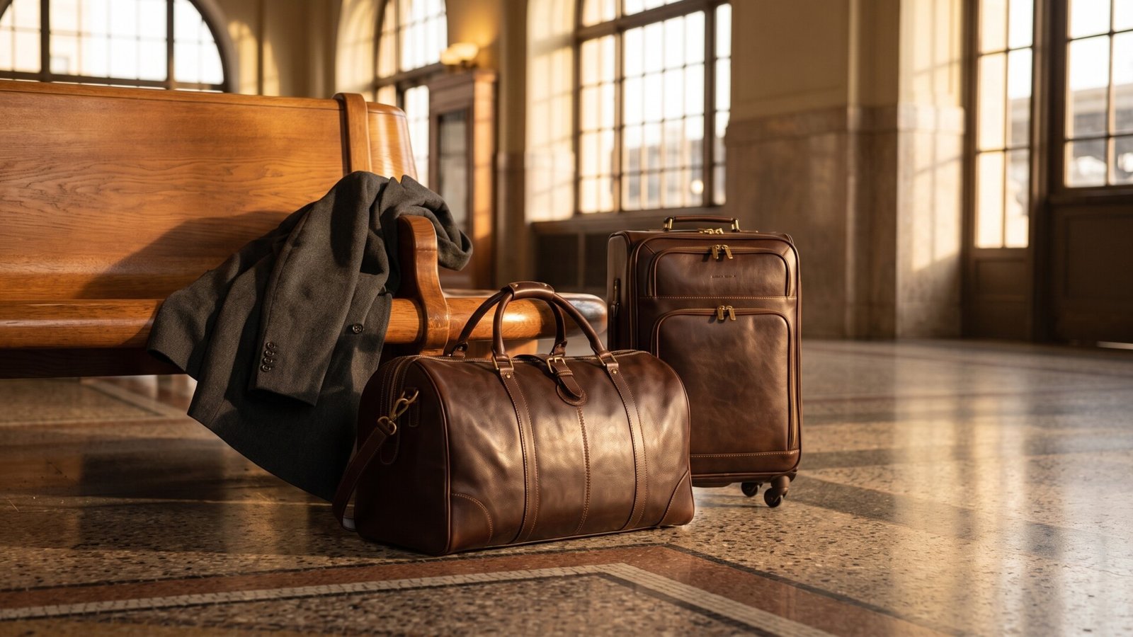 Brown Italian leather duffle bag and matching wheeled suitcase next to a wooden bench in a sunlit station lounge