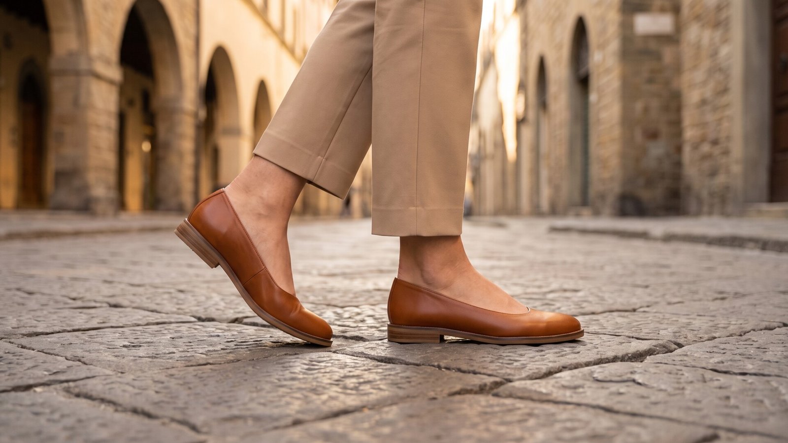 Woman wearing brown Italian leather flats while walking on a cobblestone street
