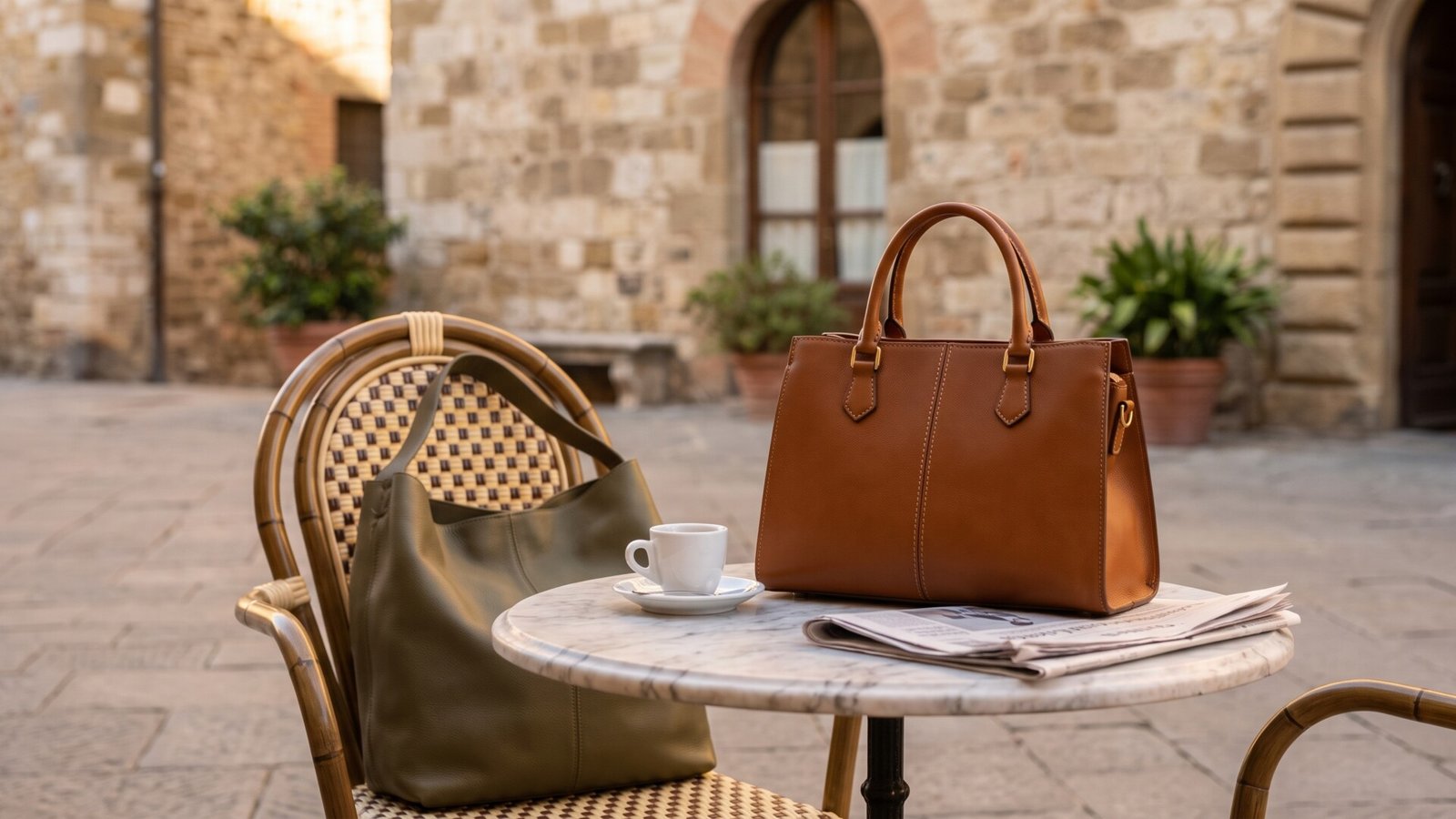 Brown structured handbag on a marble café table beside an espresso and an olive green leather tote on a bistro chair