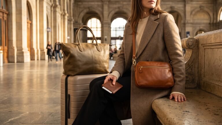 Traveler wearing a brown leather crossbody bag next to an olive leather tote bag on luggage in a train station