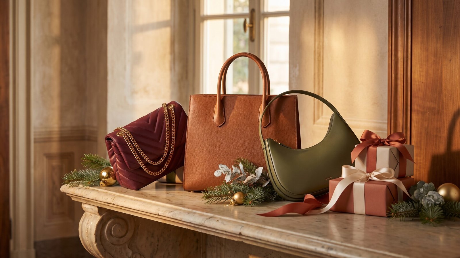 Three luxury Italian leather handbags displayed with holiday gift boxes and evergreen decorations on a marble mantel