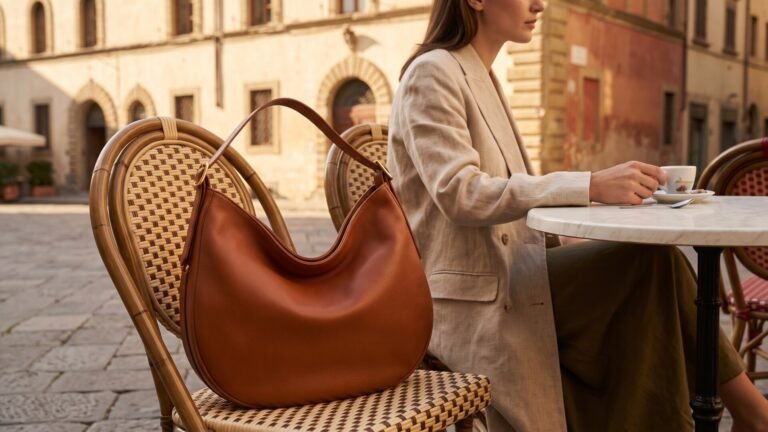 Cognac Italian leather hobo bag displaying its crescent slouch silhouette on a woven café chair