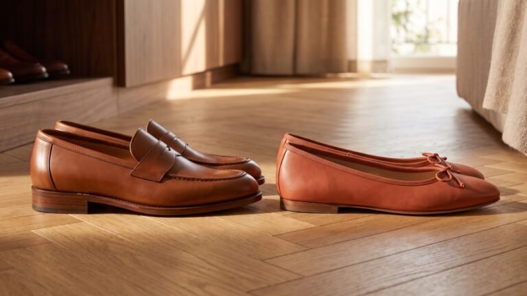 Side-by-side comparison of structured brown leather loafers and soft ballet flats on hardwood flooring
