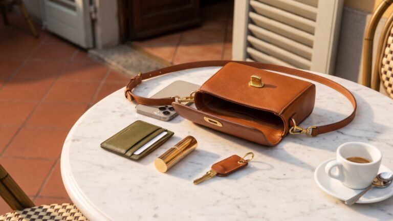 Brown leather micro bag displayed open on a marble cafe table with everyday essentials and an espresso