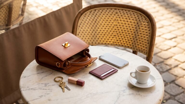 Brown leather mini bag on a marble bistro table beside everyday essentials and an espresso cup