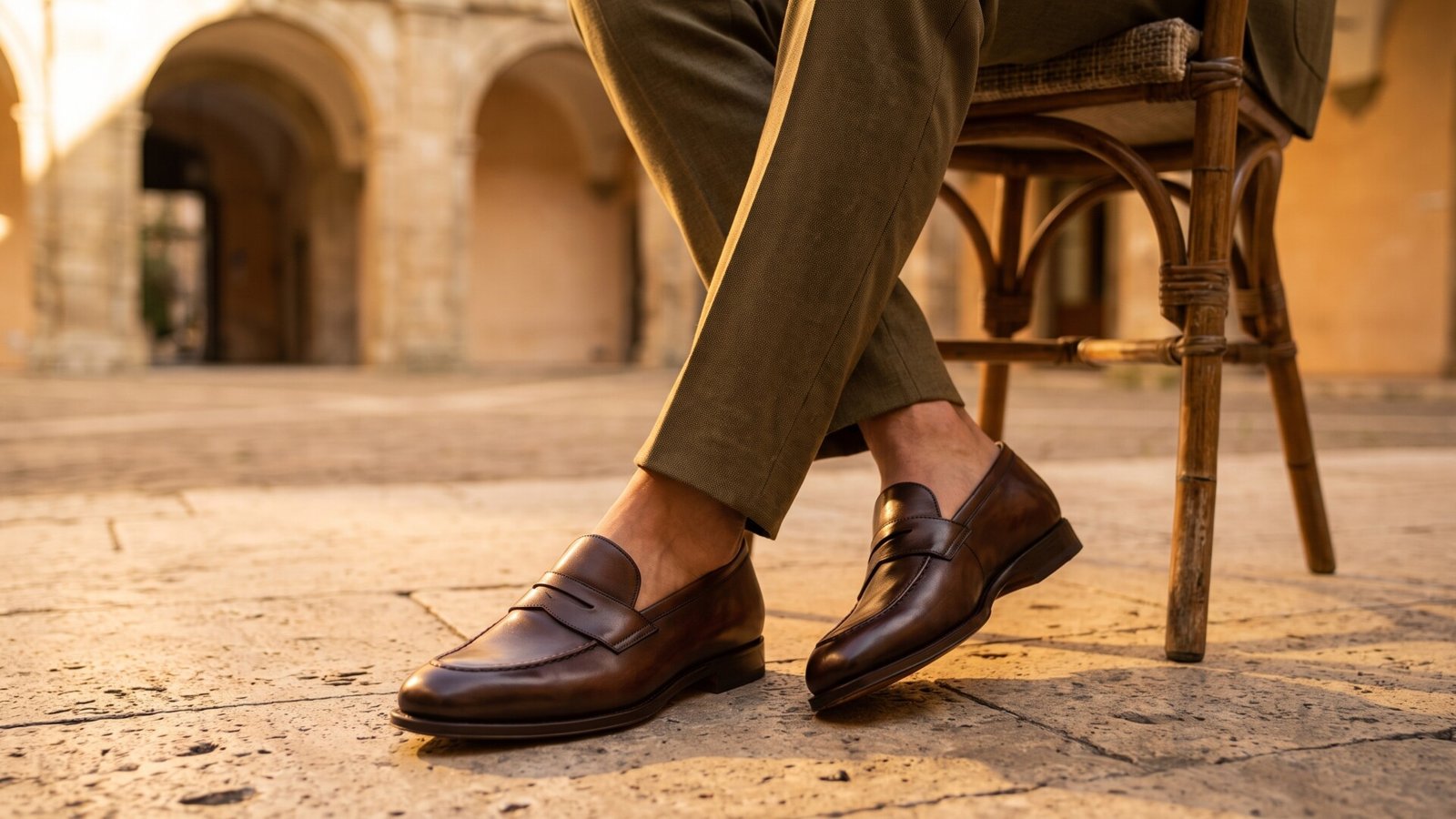 Man wearing polished brown Italian leather penny loafers with tailored olive trousers in a sunlit courtyard