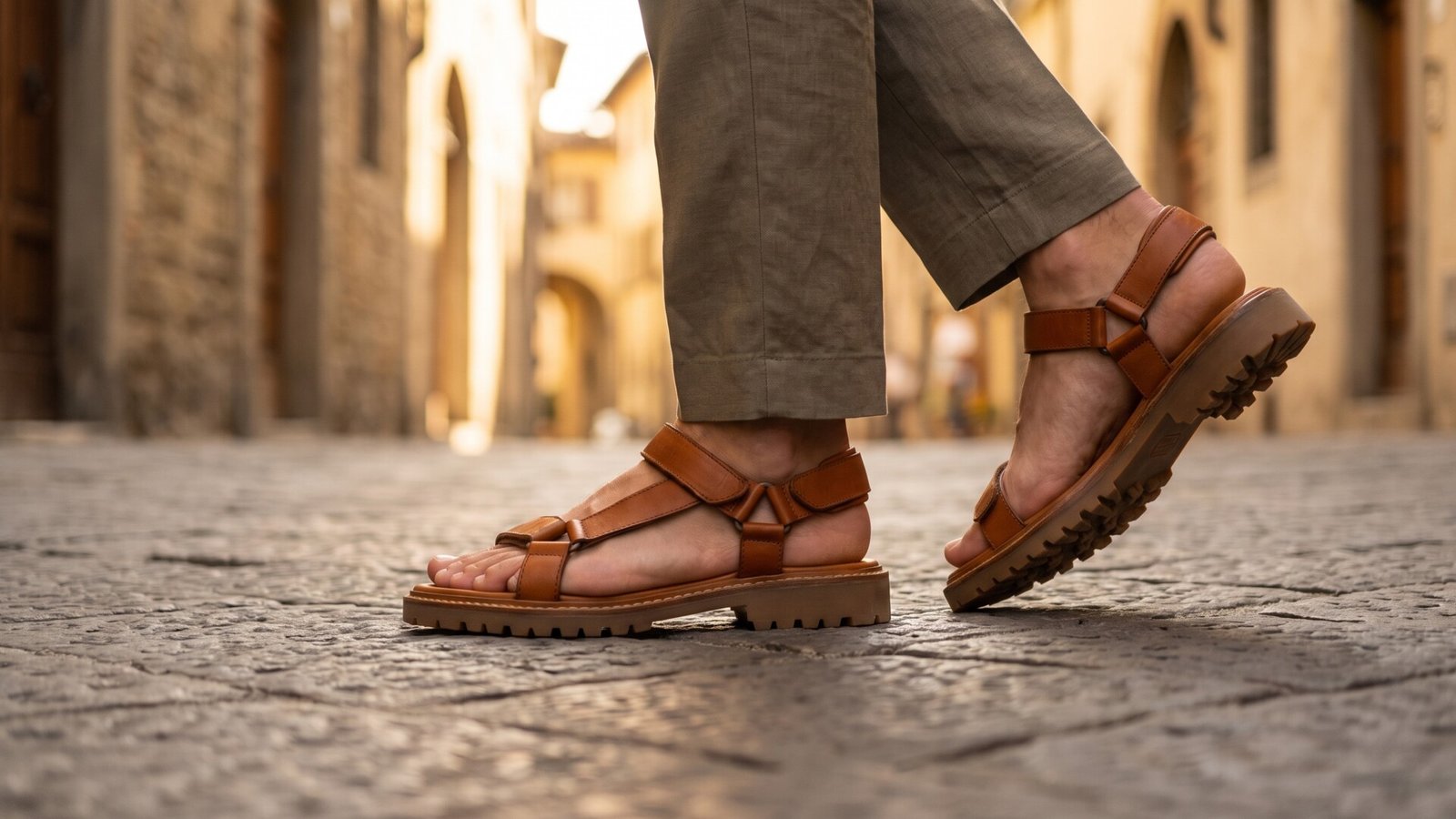 Brown leather lug-sole sandals worn mid-stride along a sunlit cobblestone city street