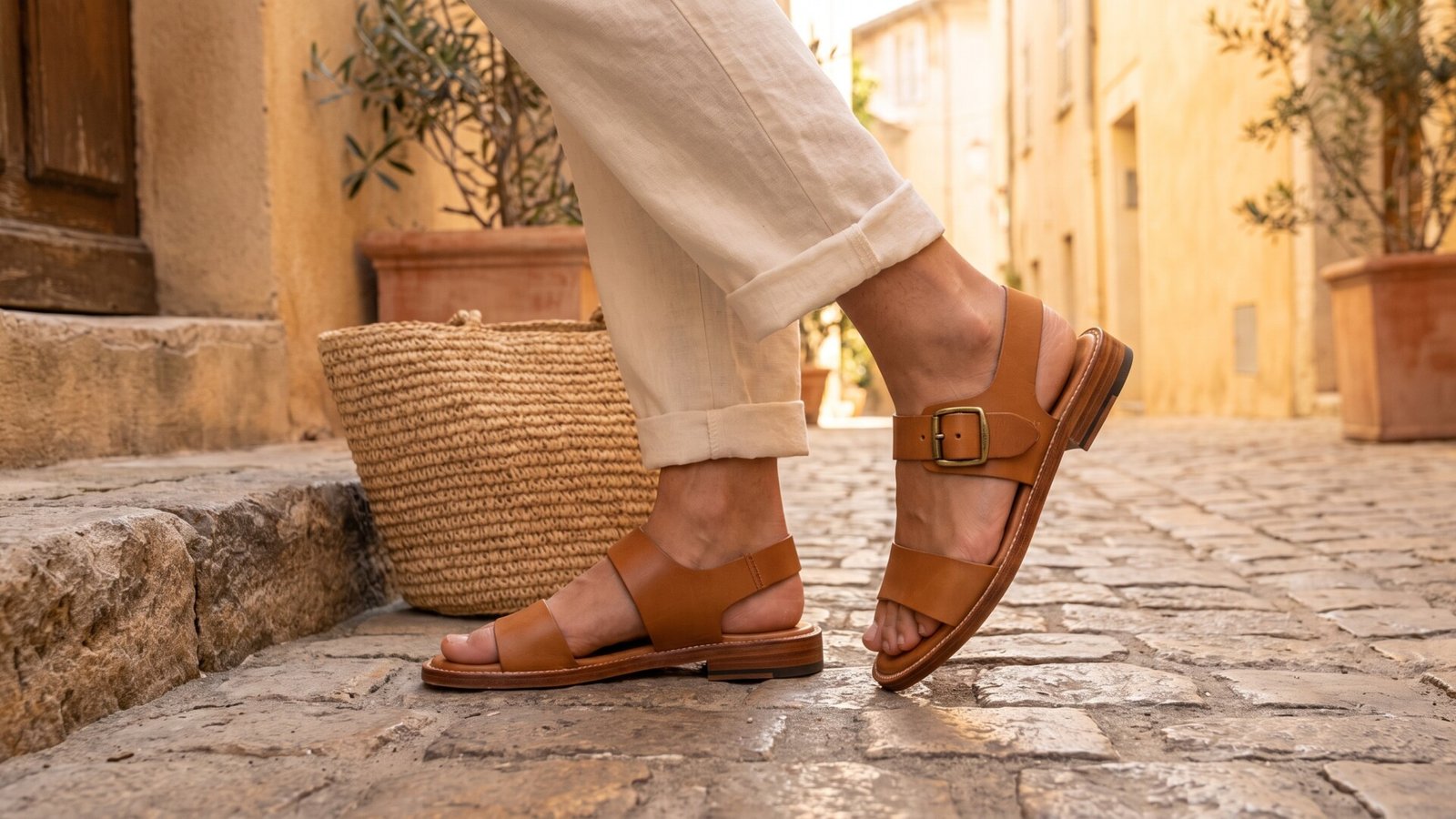 Person wearing tan leather buckle sandals walking on a sunlit cobblestone street next to a straw tote bag