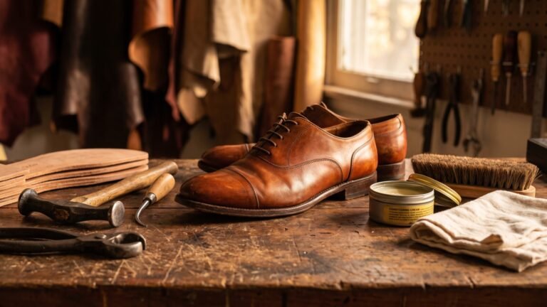 Brown Italian leather dress shoes on a workbench surrounded by cobbler repair tools and shoe polishing supplies