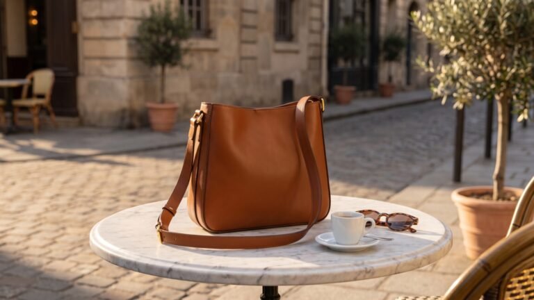Brown Italian leather shoulder bag on a marble outdoor cafe table with an espresso and sunglasses