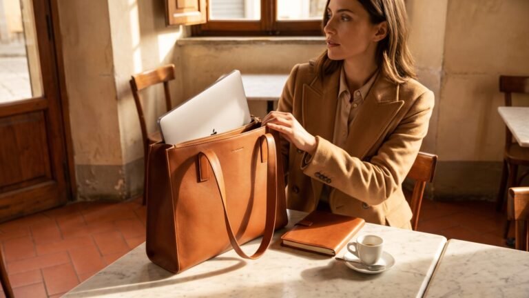 Woman packing a slim silver laptop into a structured tan Italian leather shoulder bag at a cafe table