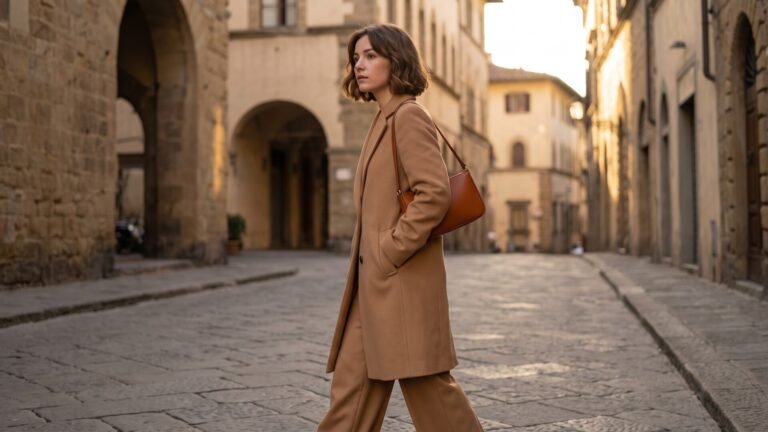 Woman in a camel coat carrying a slim cognac Italian leather shoulder bag on an old cobblestone street