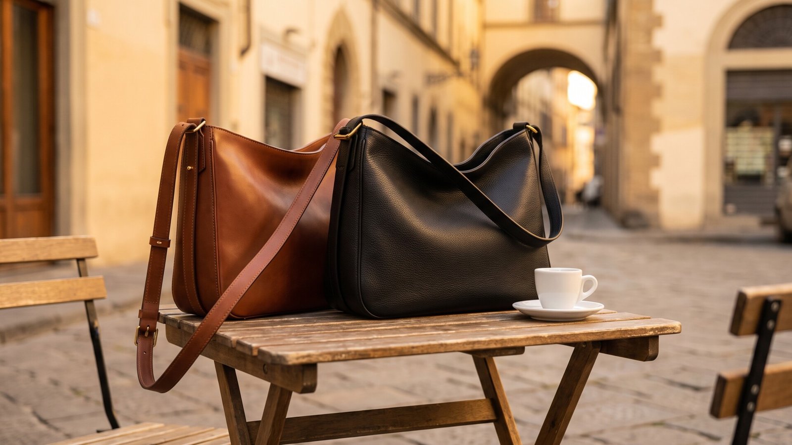 Brown and black Italian leather shoulder bags resting on an outdoor wooden café table next to an espresso cup