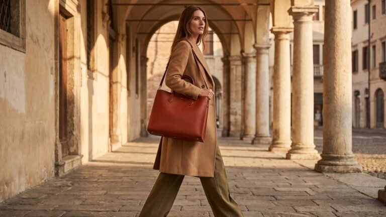 Tall woman carrying a structured brown leather Italian tote bag while walking under a sunlit stone colonnade