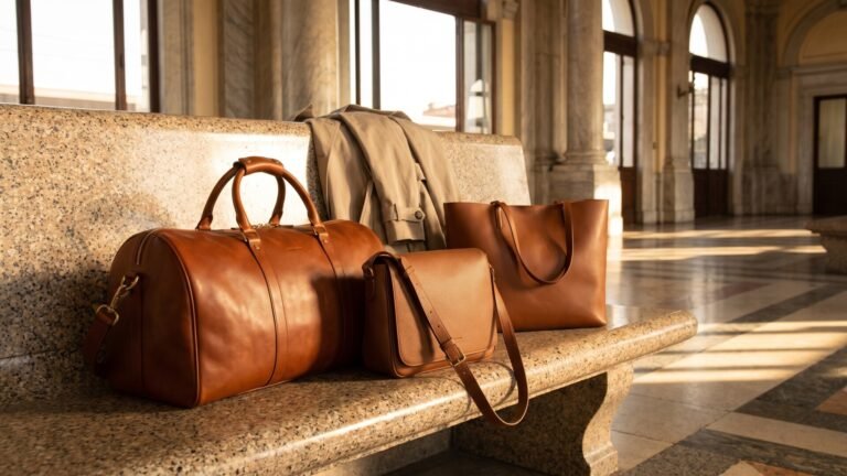 Three brown Italian leather travel bags including a duffle, crossbody, and tote resting on a marble bench in a station