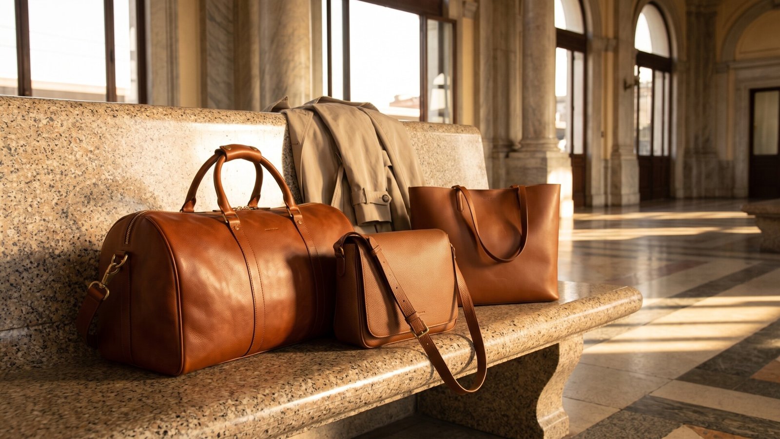 Three brown Italian leather travel bags including a duffle, crossbody, and tote resting on a marble bench in a station