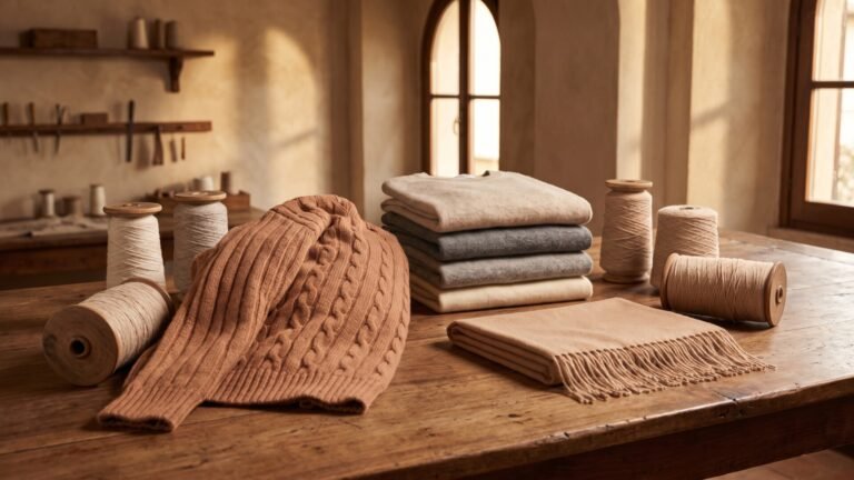 Folded luxury cashmere sweaters, a cable-knit pullover, and spools of yarn on a rustic wooden atelier table