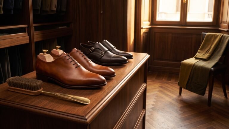 Handcrafted brown leather oxfords and double monk strap dress shoes on a wooden dresser beside a shoehorn