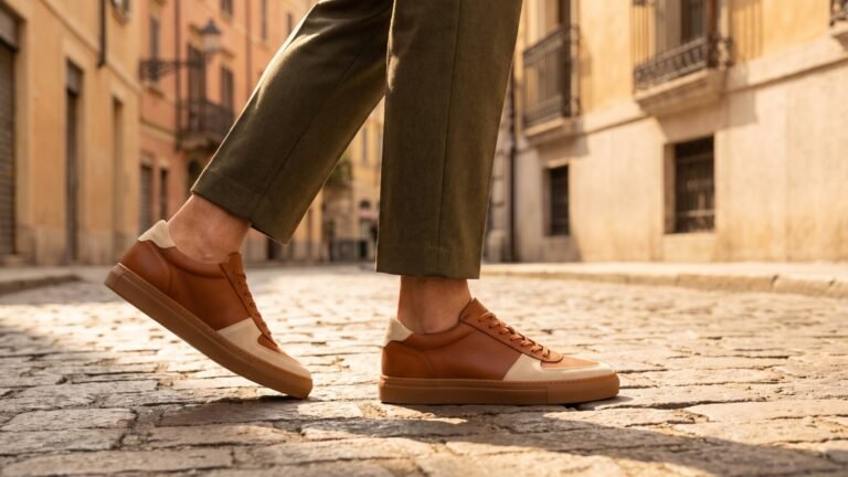Person walking in brown leather Italian sneakers across a sunlit historic cobblestone street