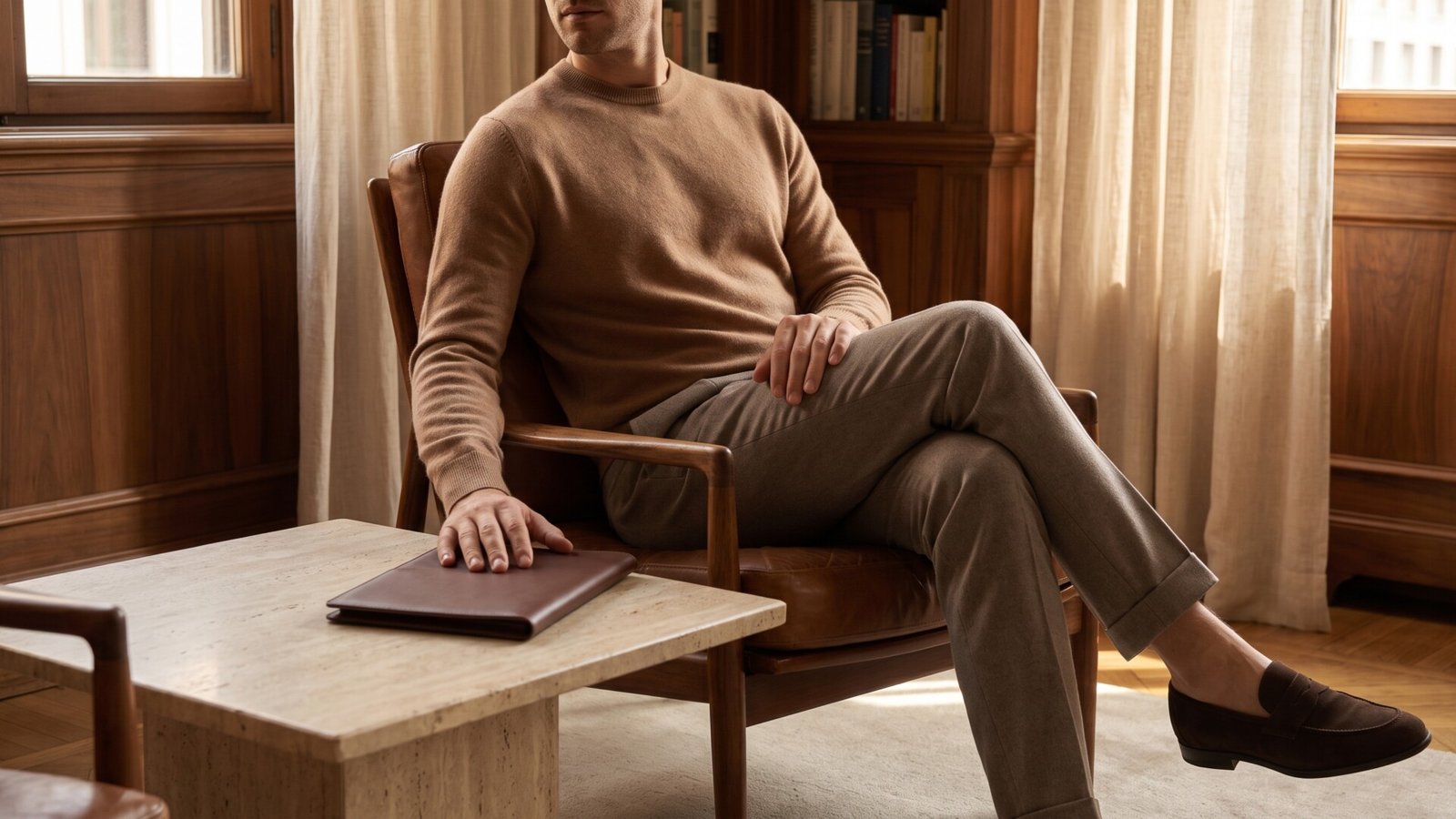 Man wearing a camel cashmere sweater and tailored trousers in an elegant room, embodying quiet luxury