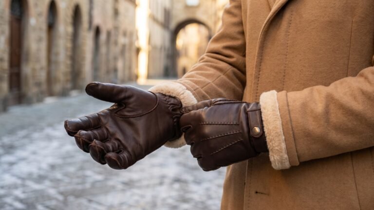 Close-up of brown shearling-lined leather gloves worn with a camel coat on a chilly cobblestone street