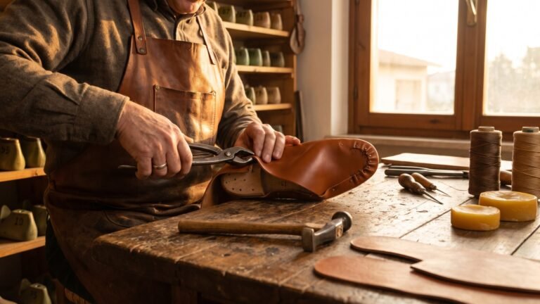 Cobbler using lasting pliers to shape brown leather over a wooden last on a rustic workbench