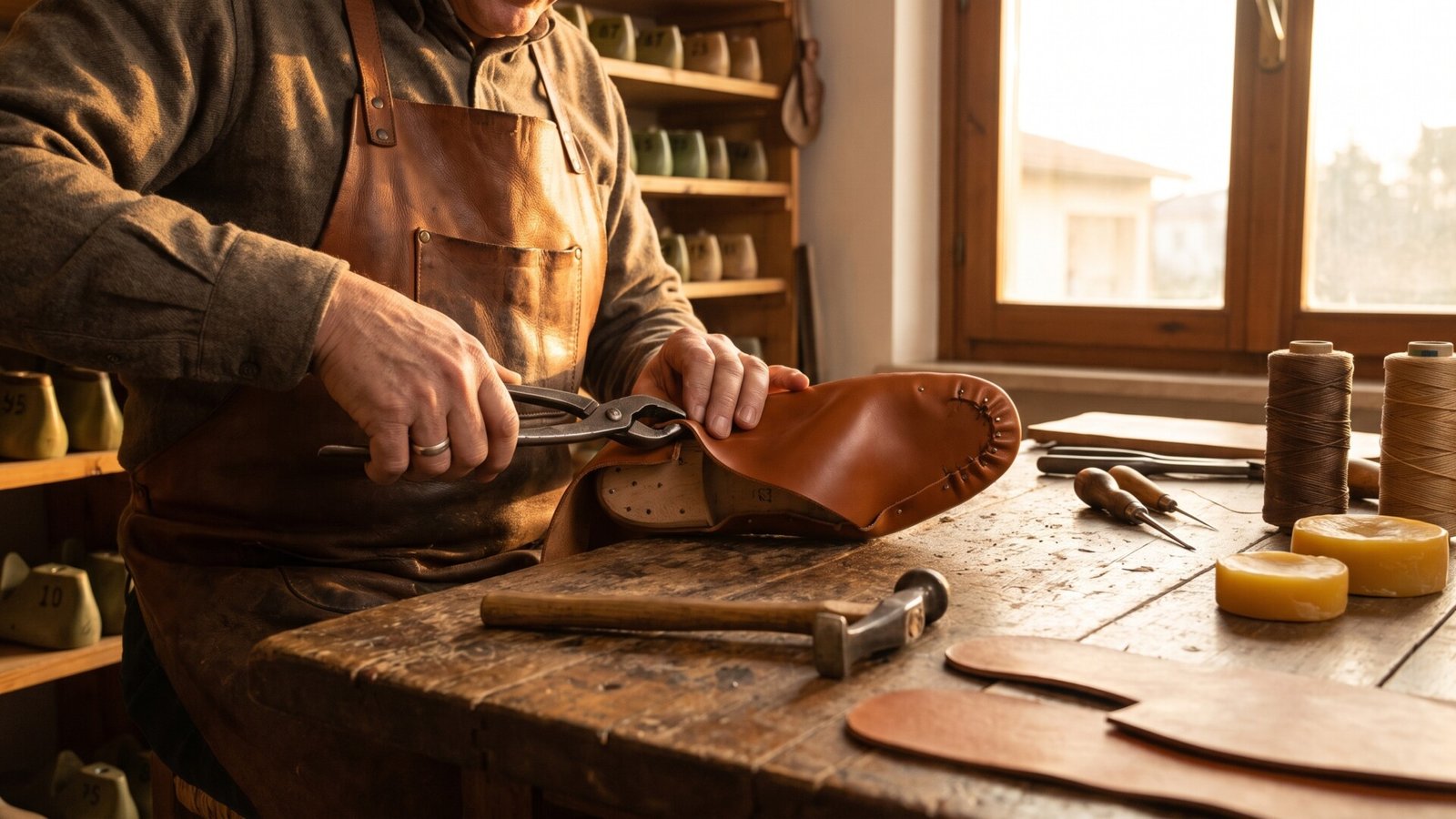 Cobbler using lasting pliers to shape brown leather over a wooden last on a rustic workbench