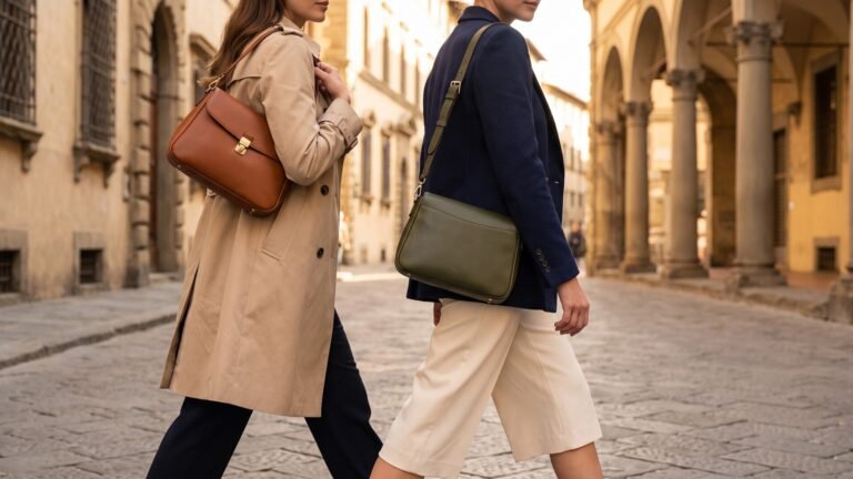 Two women walking on a cobbled street carrying an Italian leather shoulder bag and a green crossbody bag