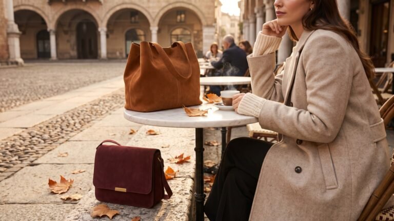 Woman at an Italian outdoor café with a tan suede tote and a burgundy suede crossbody bag in autumn