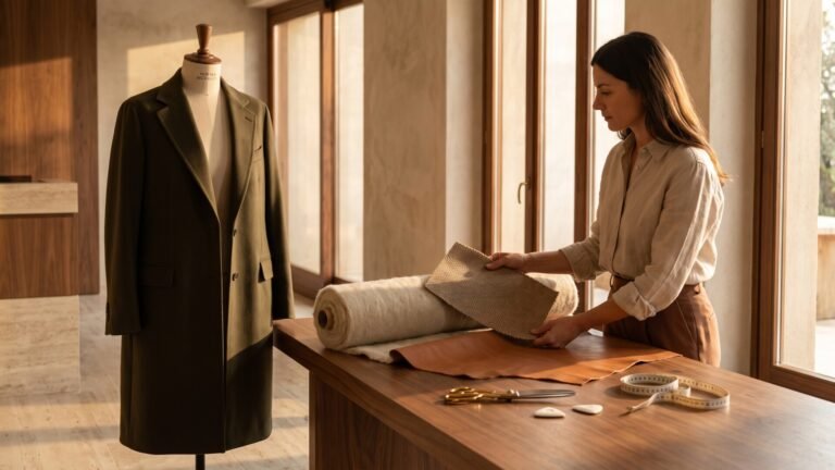 Designer inspecting sustainable fabric swatches in a sunlit atelier next to a tailored olive green coat