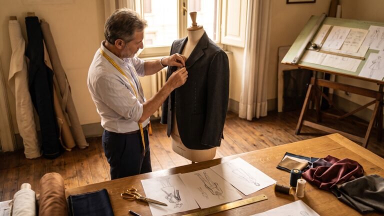 Italian fashion designer adjusting a tailored jacket on a dress form in a sunlit atelier