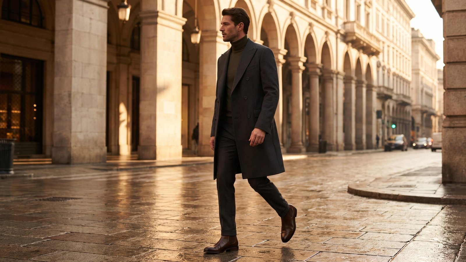 Well-dressed man wearing a tailored charcoal wool overcoat walking on a wet cobblestone street in Milan
