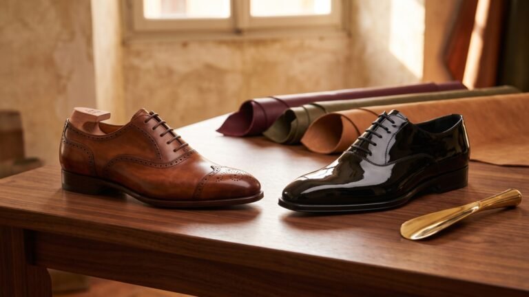 Handcrafted brown leather brogue oxford next to a polished black dress shoe on a wooden workshop table