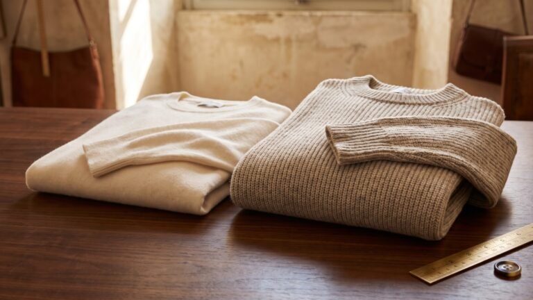 Fine-gauge cream and chunky ribbed beige cashmere sweaters folded side by side on a wooden workbench