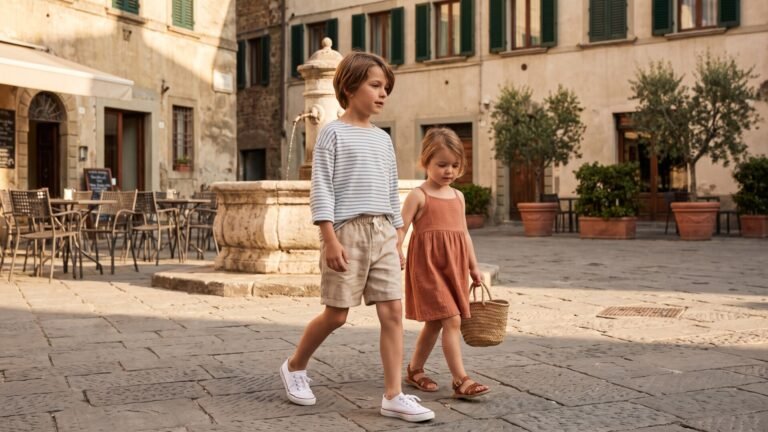Two young children wearing linen and cotton travel clothes walking through a sunlit Italian cobblestone square