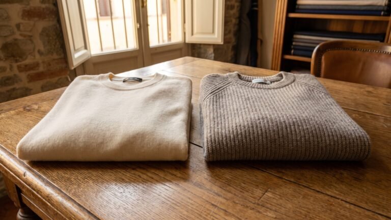 Cream fine-knit and taupe ribbed Italian cashmere sweaters folded side by side on a rustic wooden table