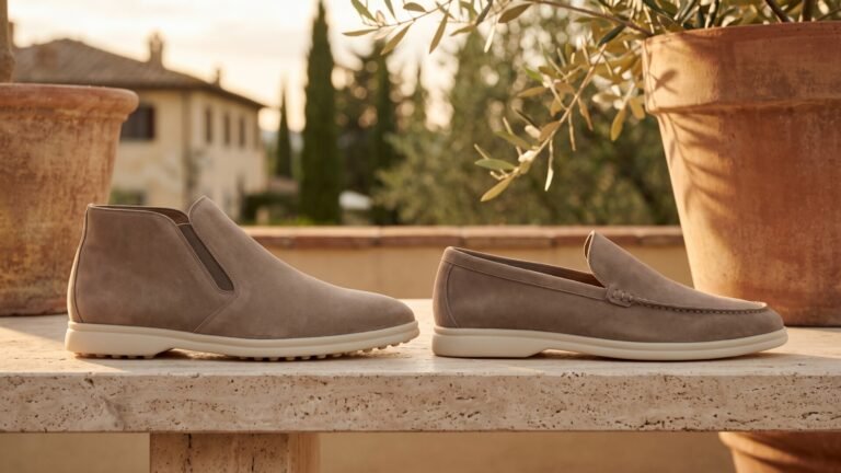 Loro Piana Open Walk ankle boot beside a Summer Walk loafer in taupe suede on a stone terrace