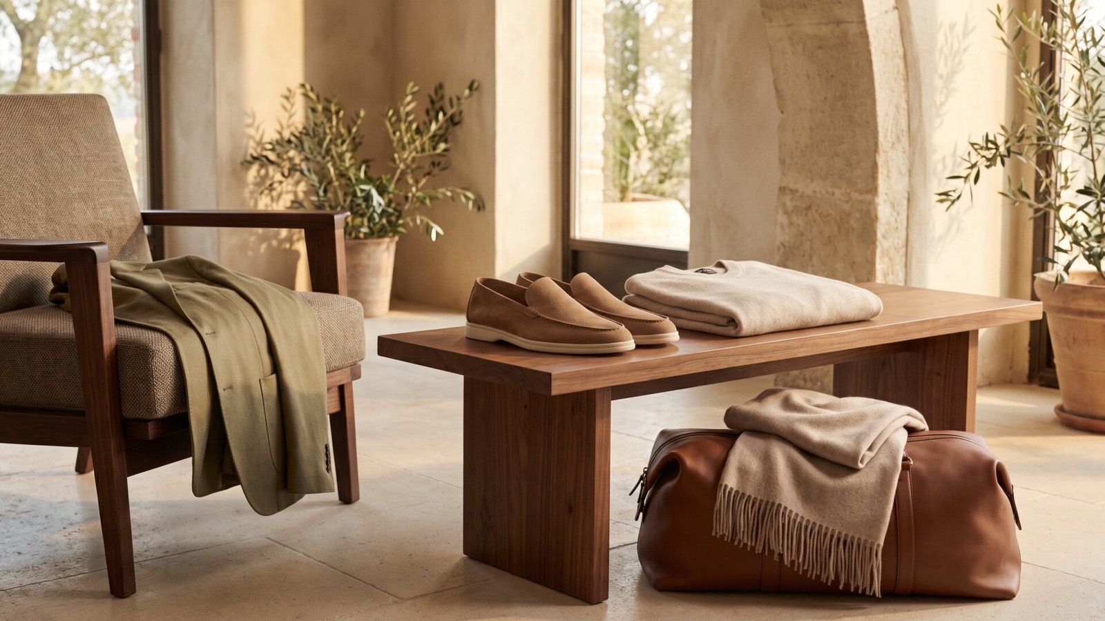 Loro Piana suede loafers, folded cashmere sweater, leather travel bag, and blazer arranged inside a sunlit Italian villa