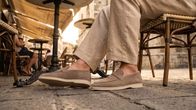 Beige suede loafers with white soles worn with linen trousers at a sunlit outdoor café patio