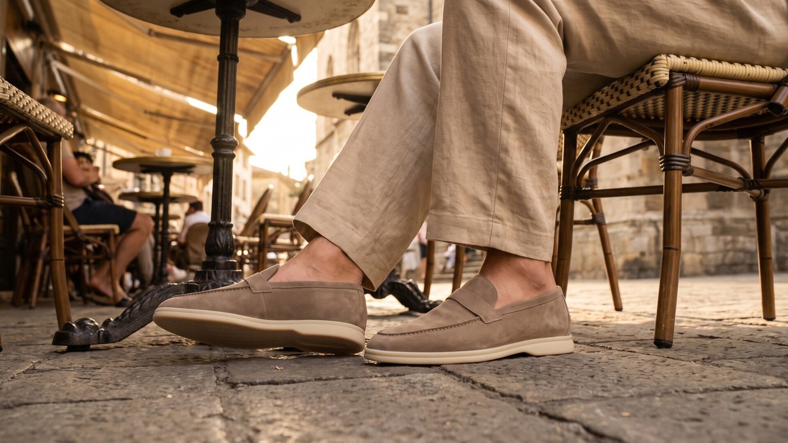 Beige suede loafers with white soles worn with linen trousers at a sunlit outdoor café patio