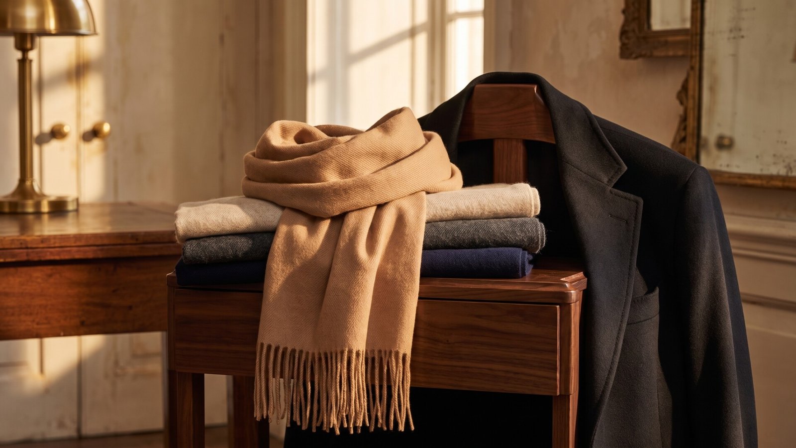 Stack of luxury cashmere scarves in camel, beige, and navy draped over a wooden chair in a sunlit room