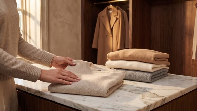 Hands folding a beige cashmere sweater beside a stack of folded neutral knitwear on a marble surface