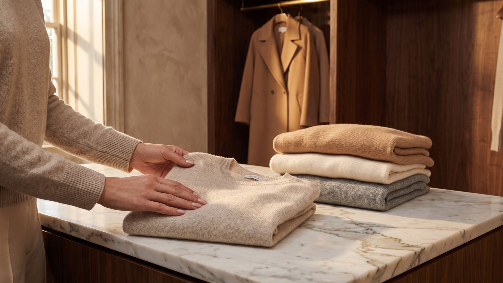 Hands folding a beige cashmere sweater beside a stack of folded neutral knitwear on a marble surface