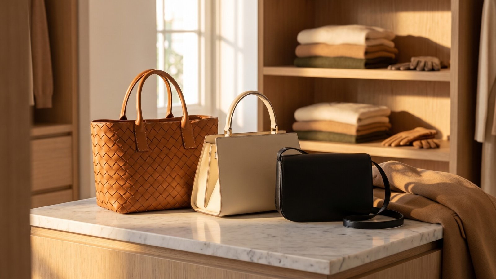Three luxury Italian leather designer handbags in brown, cream, and black displayed on a marble island